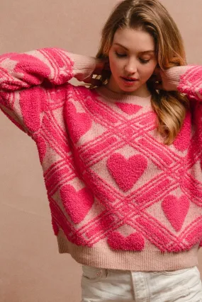 Sport Inspired Style IT1249S-12 | HEART PRINTED TEXTURED SWEATER TOP