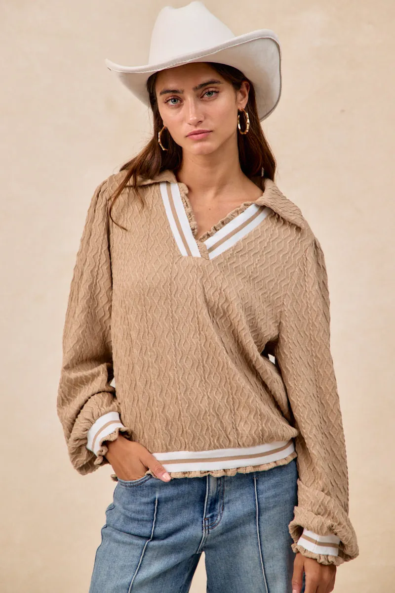 Minimal Travel Look IT4789S-01 | TEXTURED KNIT V NECK COLLARED TOP WITH RUFFLED