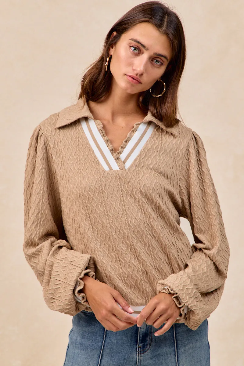 IT4789S-01 | TEXTURED KNIT V NECK COLLARED TOP WITH RUFFLED Classic Casual Look Travel Ready