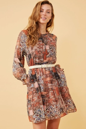 Paisley Patch Print Ruffle Neck Chiffon Dress Art Soul