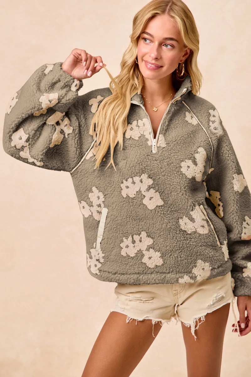 IT4755S-01 | FLOWER PRINTED SHERAPA FRONT ZIP UP TOP High Rise Wide-leg cut