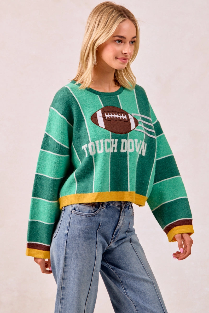 Urban Fit IT3482K-03 | GAMEDAY THEME STRIPE FOOTBALL PATCHED KNIT SWEATER TOP