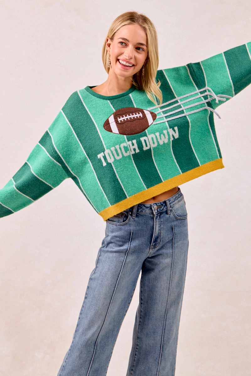Wide Leg IT3482K-03 | GAMEDAY THEME STRIPE FOOTBALL PATCHED KNIT SWEATER TOP
