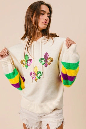 Lounge Cut IT3123-01 | MARDI GRAS STRIPES SLEEVE SEQUIN SWEATER HOODIE