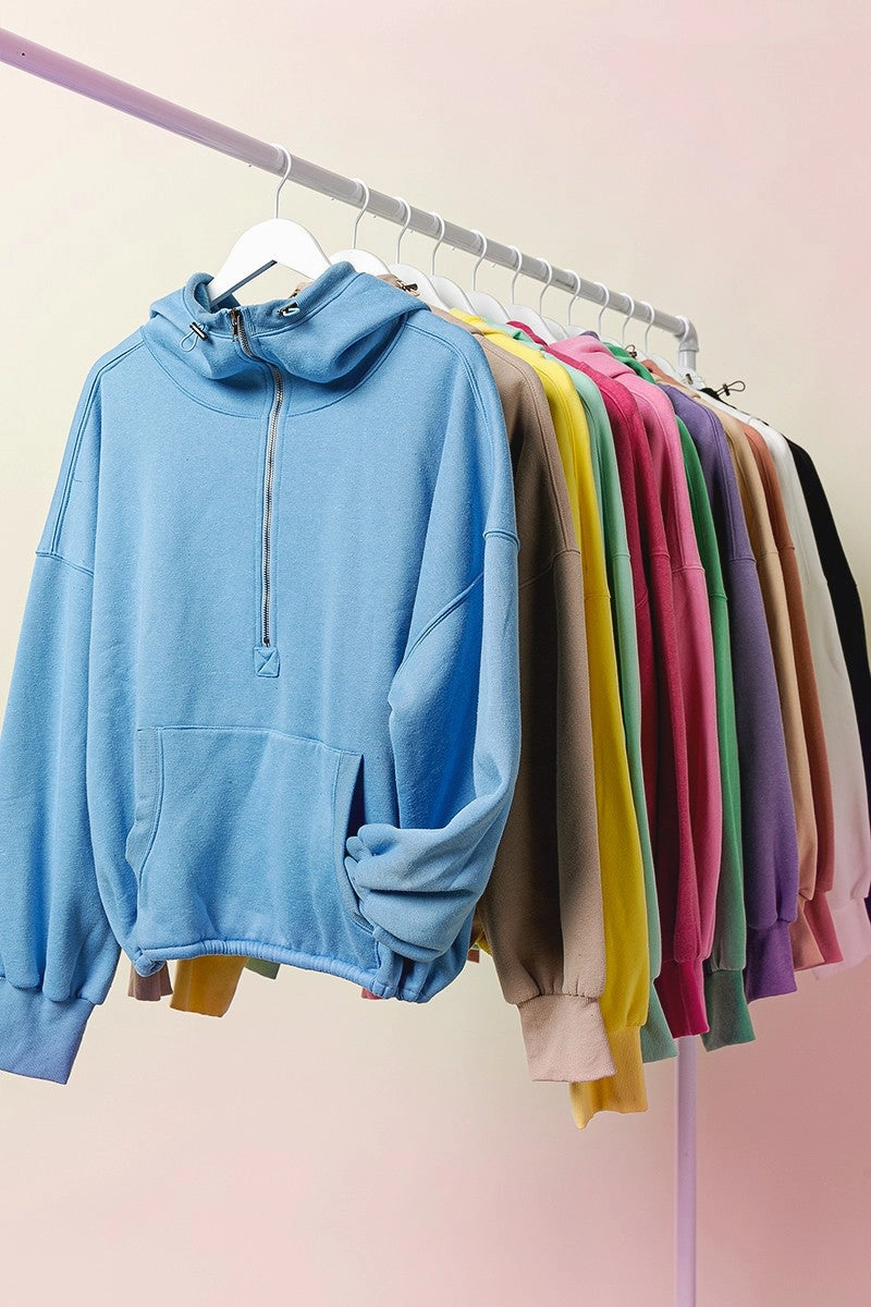 IP8347-01 | STITCH DETAILED ELASTIC HEM HALF ZIP FLEECE HOODIE Contrast Stitch Wind Resistant