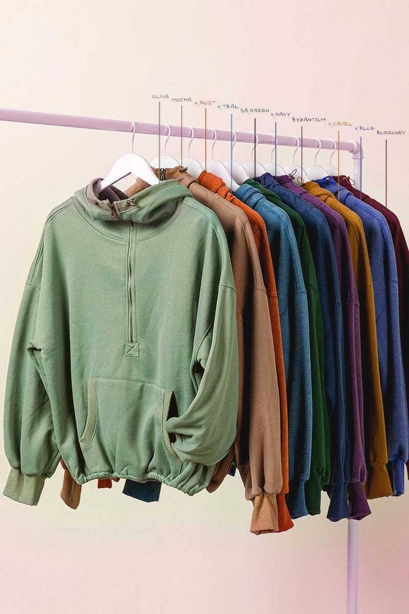 Functional Zip Detail Double Buttons IP8347-01 | STITCH DETAILED ELASTIC HEM HALF ZIP FLEECE HOODIE