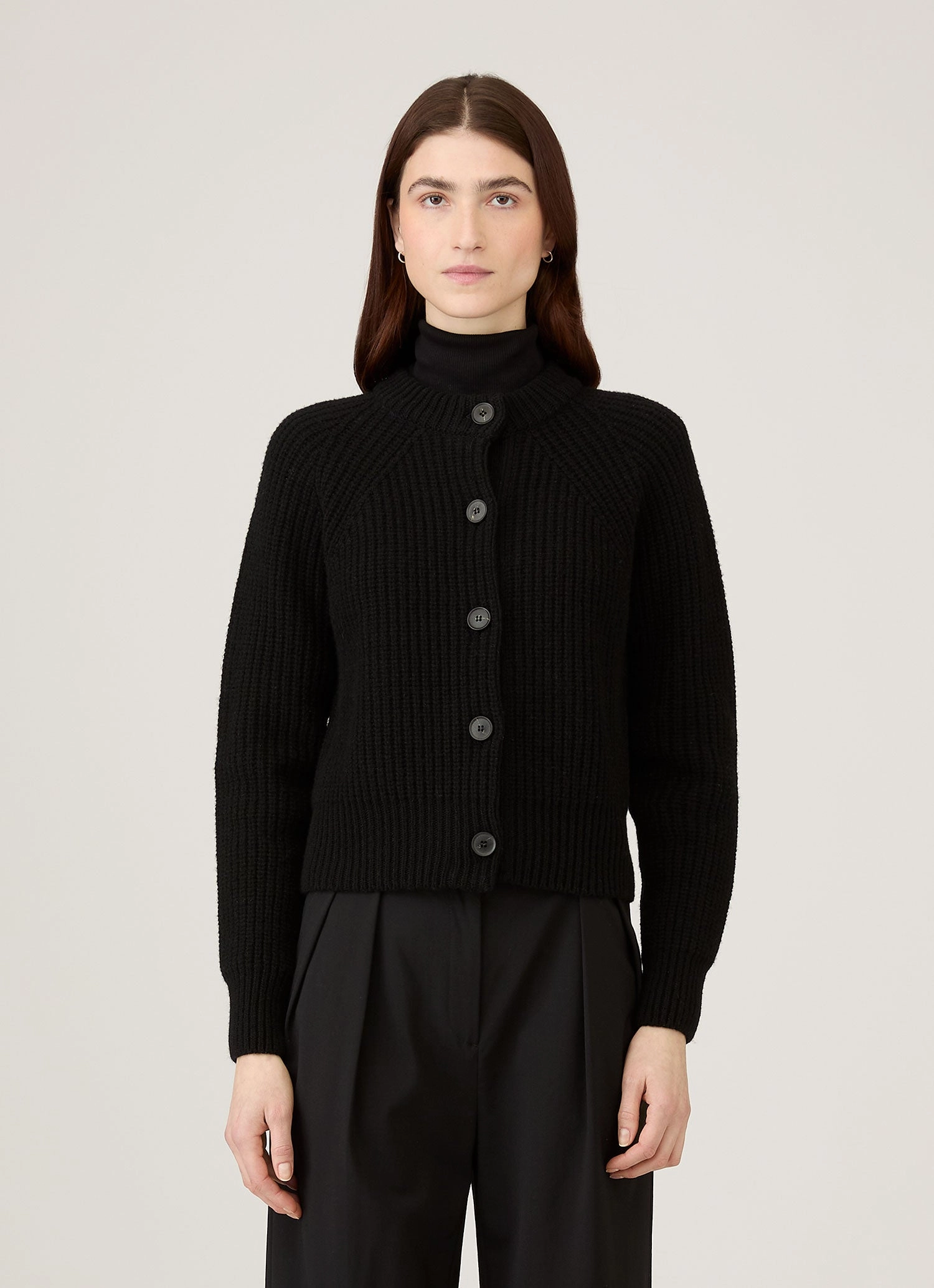 European and American style Women's Ribbed Crew Neck Cardigan in Black