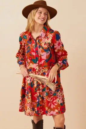 Bride Side Semi Formal Retro Floral Button Down Tiered Tunic Dress