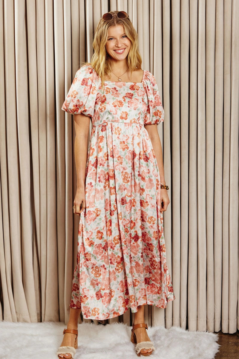 Faded Floral Square Neck Puff Sleeve Satin Dress Luxe Fabric