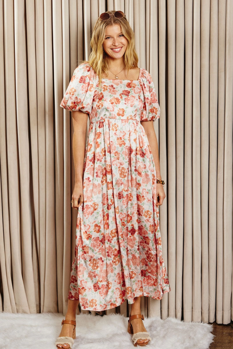 All Gender Light Cloud Faded Floral Square Neck Puff Sleeve Satin Dress