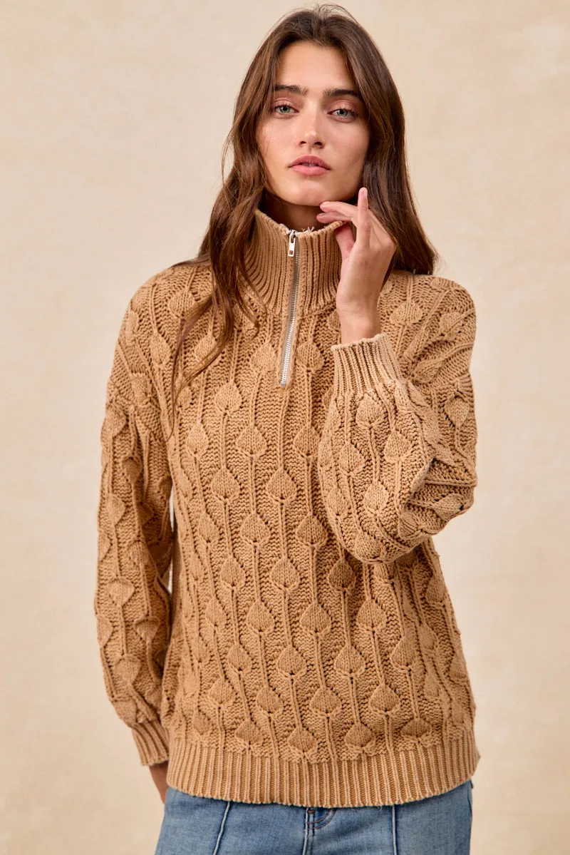 IT4737G-01 | WASHED TEARDROP PATTERN QUARTER ZIP UP SWEATER Unisex Casual Fit stand neck