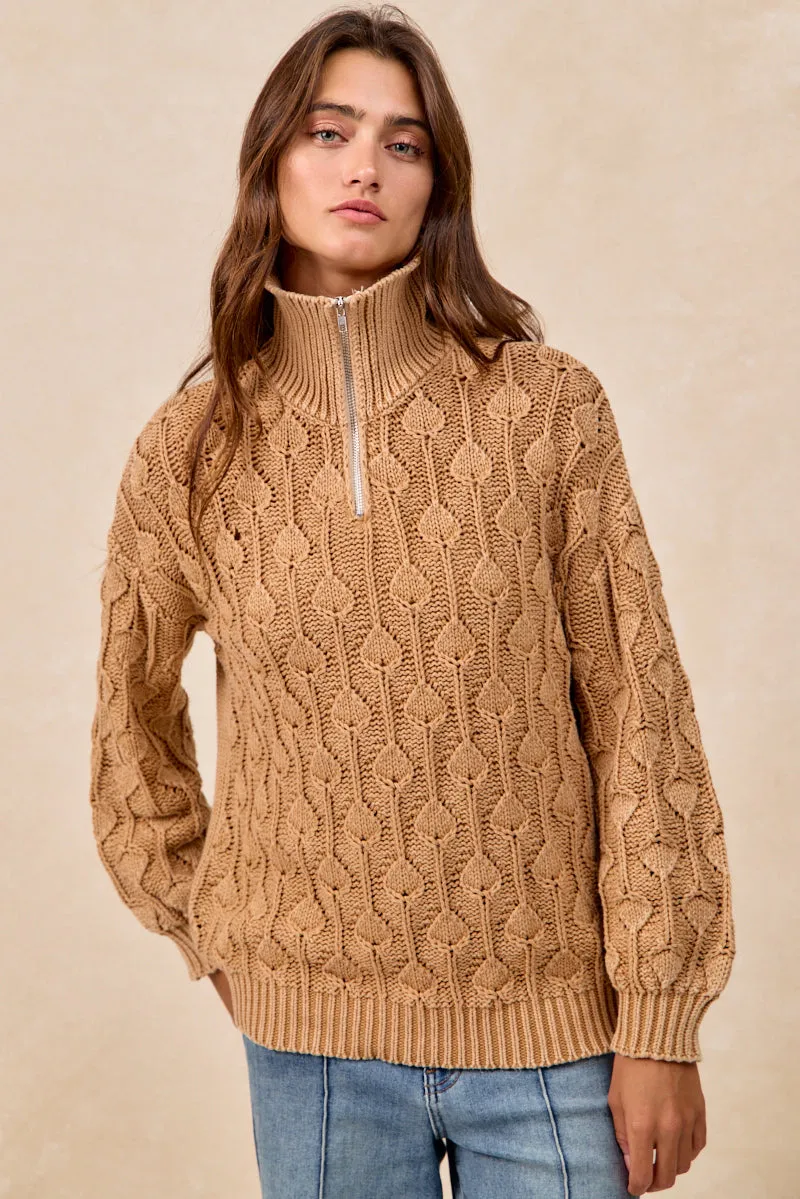 Stitched Look Clean Outer IT4737G-01 | WASHED TEARDROP PATTERN QUARTER ZIP UP SWEATER