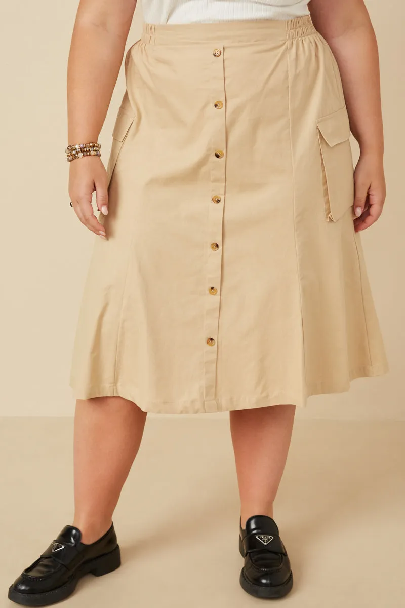 Transitional Style Button Down Cargo Pocket Midi Skirt