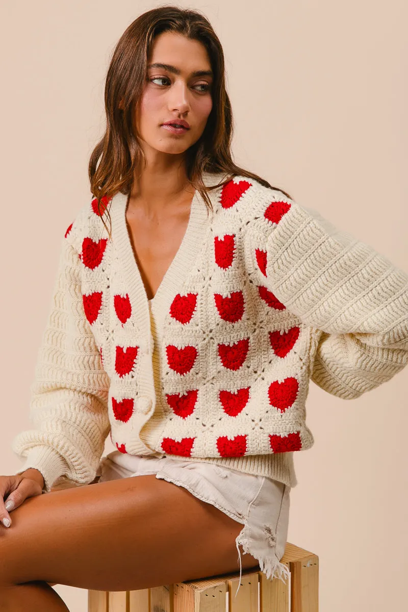 Winter Outerwear IT2084G-02 | CROCHET HEART PATTERN VALENTINE SWEATER CARDIGAN