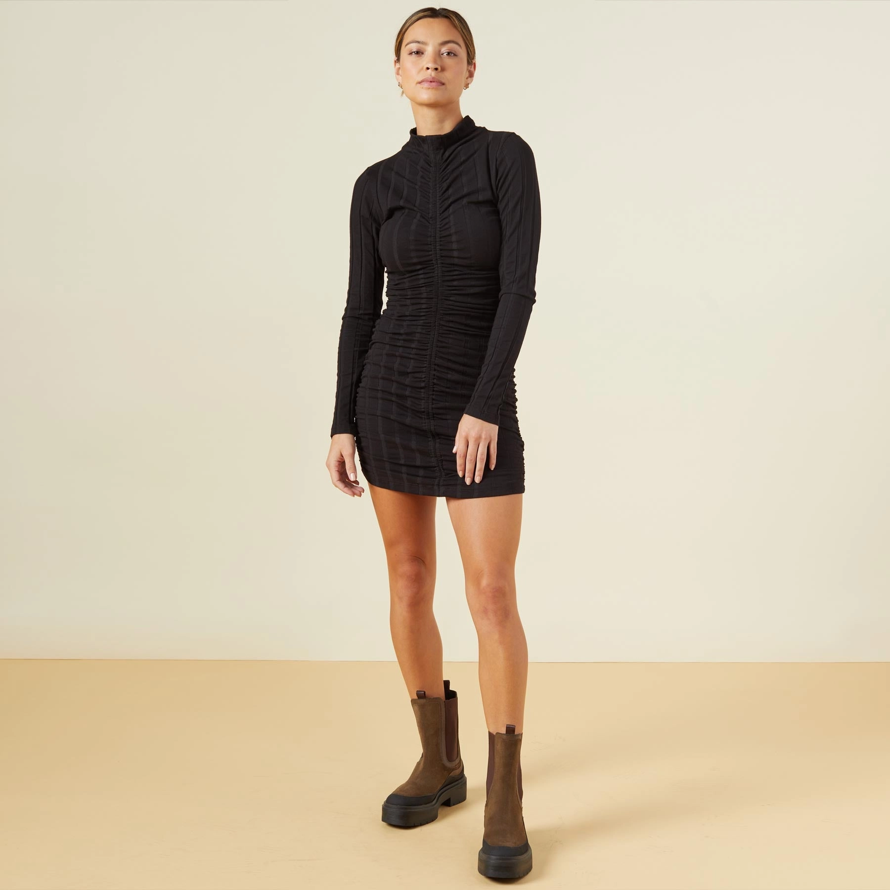 Flat Rib Mock Shirred Dress Timeless Wardrobe Sharp Campus