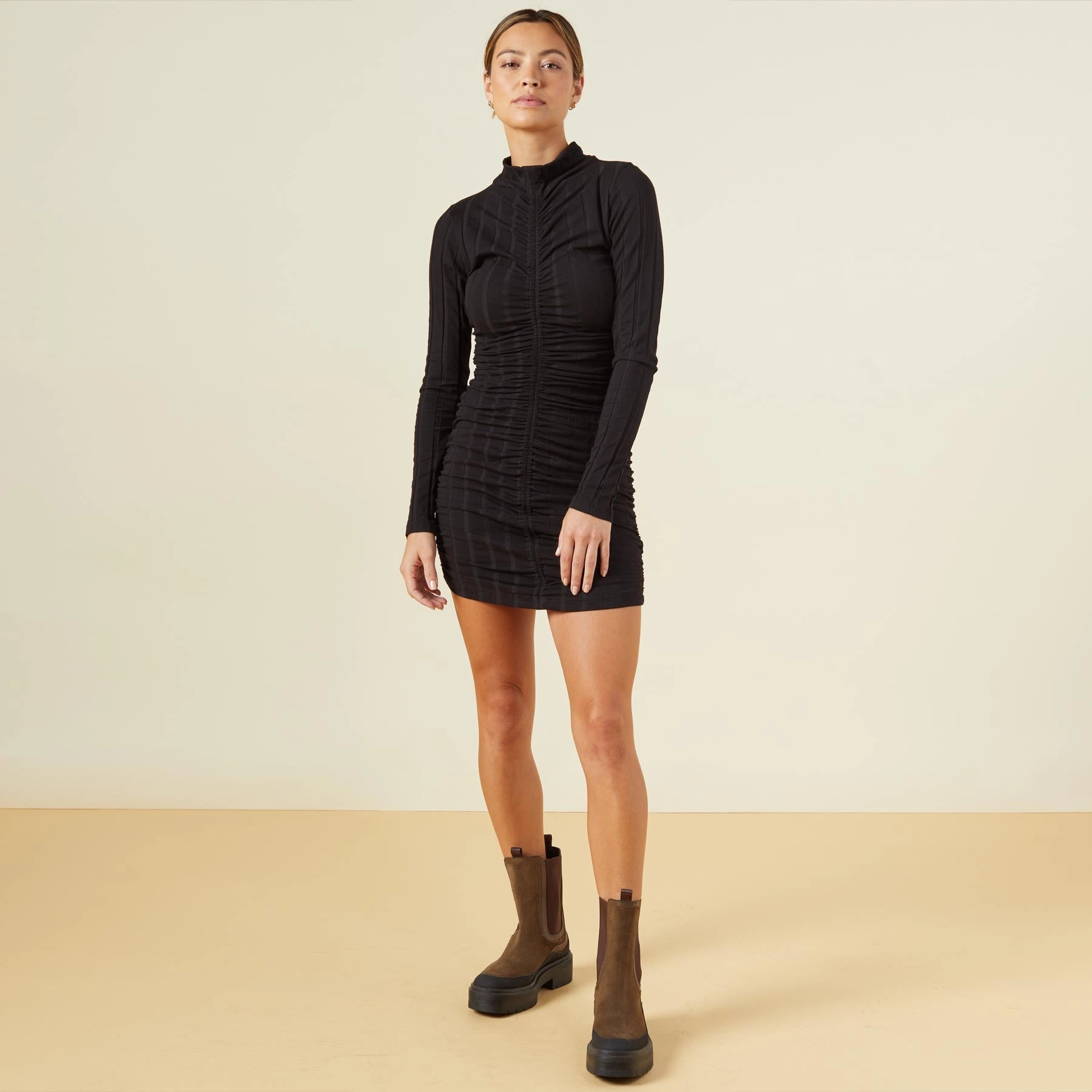 Flat Rib Mock Shirred Dress Refined Daily Classic Guest