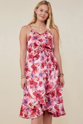Easy Pretty Romantic Floral Surplice Belted Satin Dress