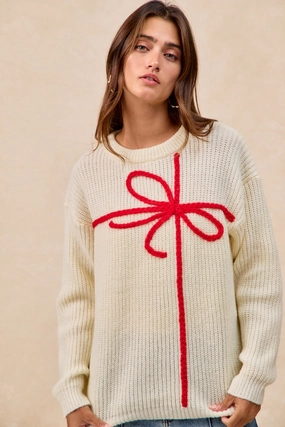 IP5685G-88 | CHRISTMAS RIBBON BOW EMBROIDERY SWEATER Vibrant Movement