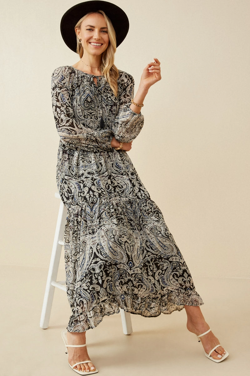 Paisley Print Long Sleeve Maxi Dress Soft Comfort Side-Pocket