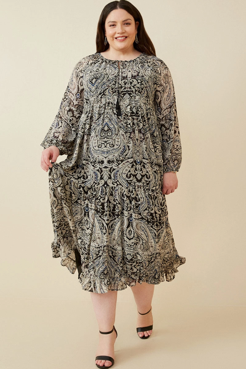 Paisley Print Long Sleeve Maxi Dress Pure Aesthetic Contemporary Vibe