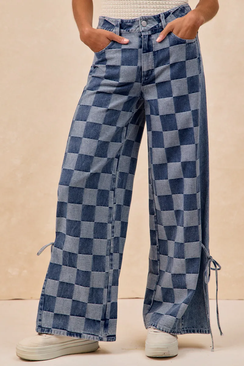 Durable Design Travel Ready Fit IB1765G-05 | SIDE BOW TIED WASHED CHECKER DENIM PANTS