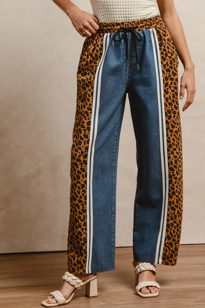 Frayed hem Low Maintenance IB1623R-01 | LEOPARD AND DENIM MIXED LONG PANT WITH WAIST ELASTIC BAND