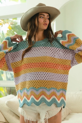 Decorative stitching Versatile Waist IT2198R-01P | WAVY SWEATER TOP