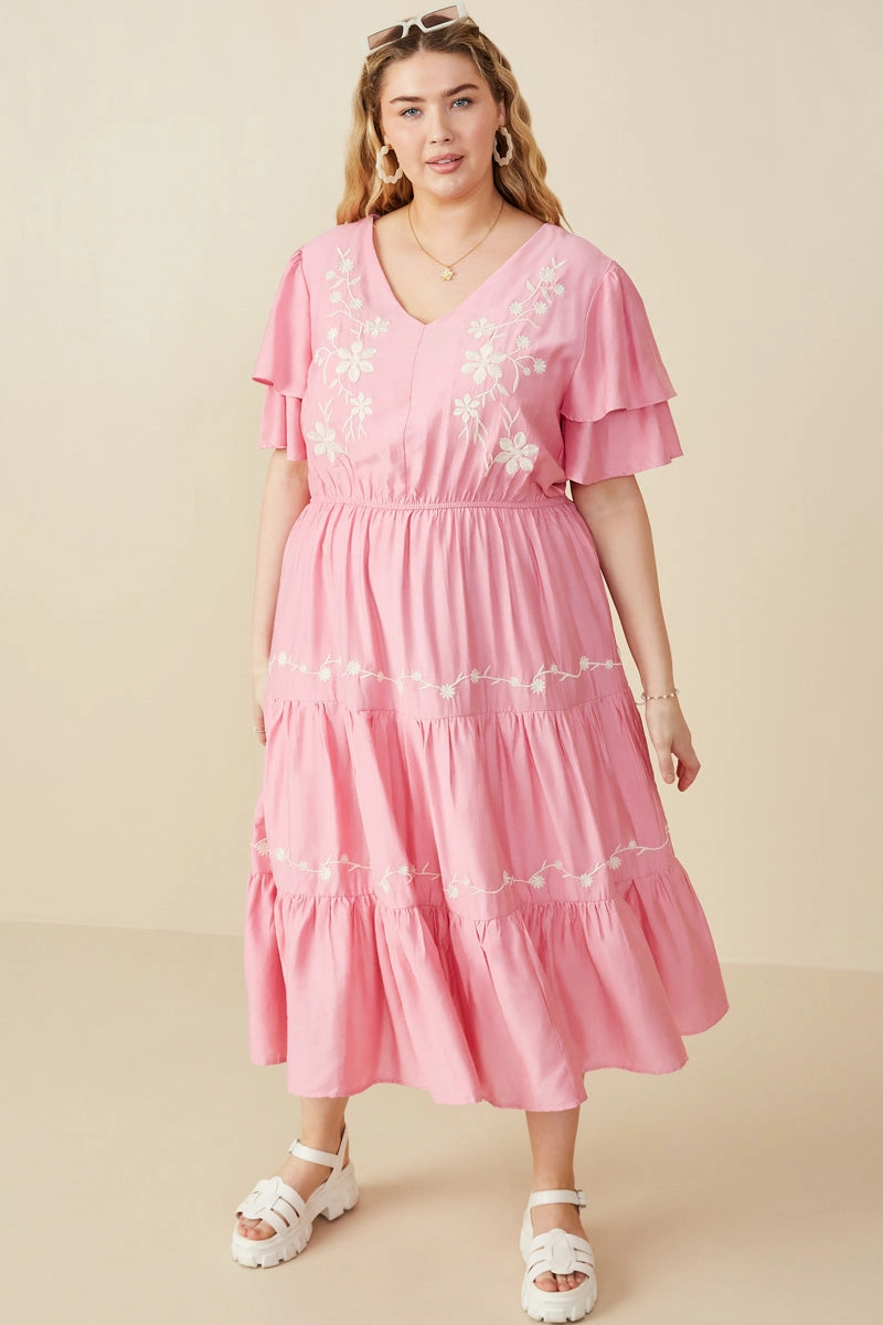 Embroidered Ruffle Sleeve Tiered Dress Clean Grace