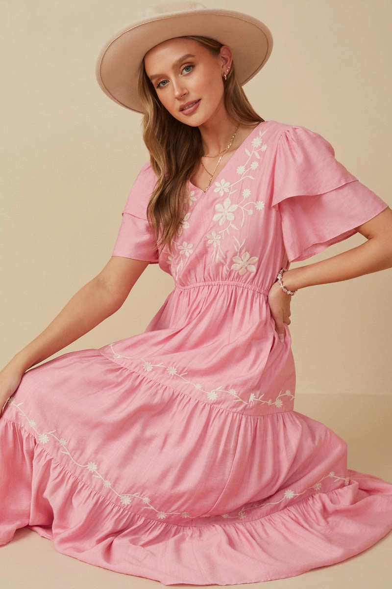 Outfit Boost Embroidered Ruffle Sleeve Tiered Dress
