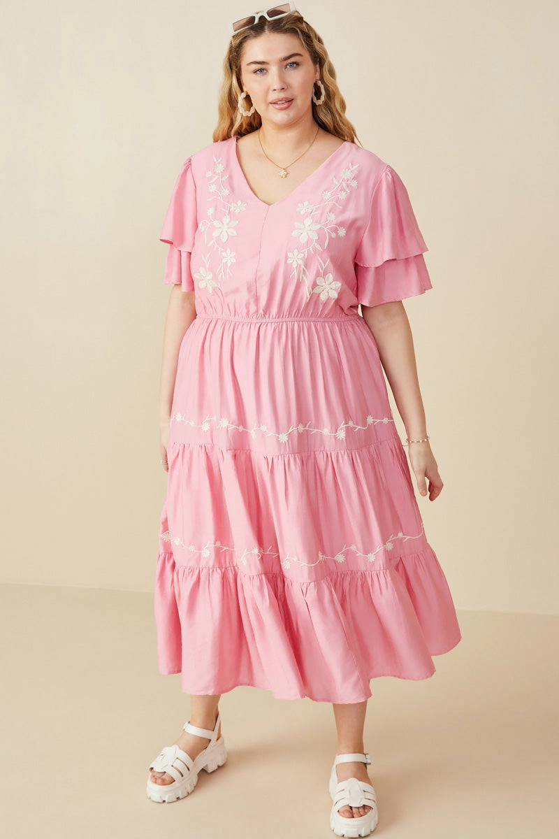Embroidered Ruffle Sleeve Tiered Dress Power Soft Chill Style