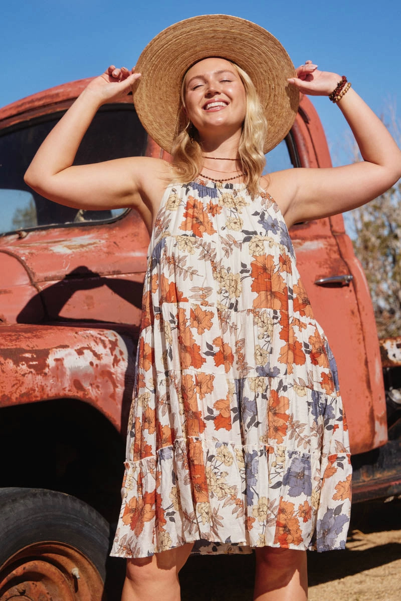 Calm Movement Textured Botanical Tiered Tank Dress