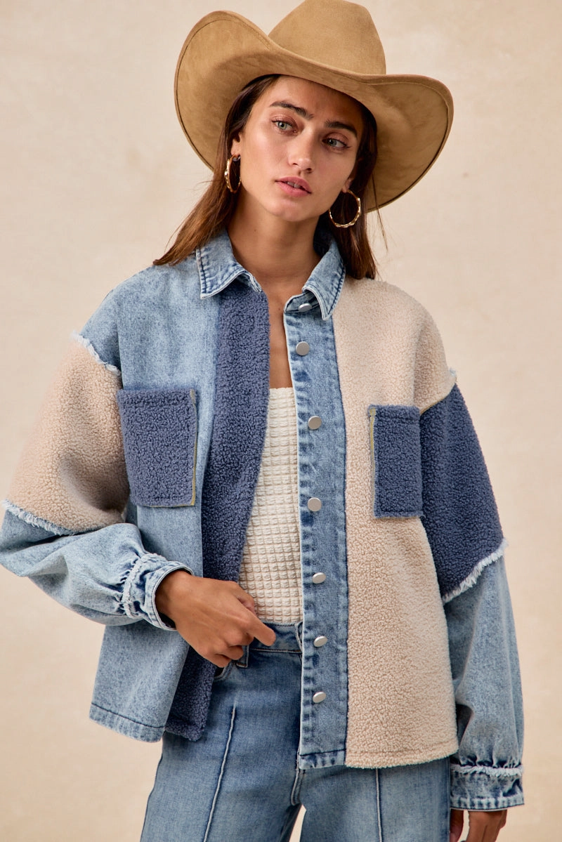 Street Motion IT2671R-02 | WASHED DENIM AND FLEECE MIX AND MATCHED JACKET