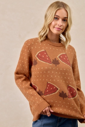 IT4653H-01 | THANKSGIVING THEME PUMPKIN PIE PATTERN SWEATER TOP All Day Comfort Modern Waist