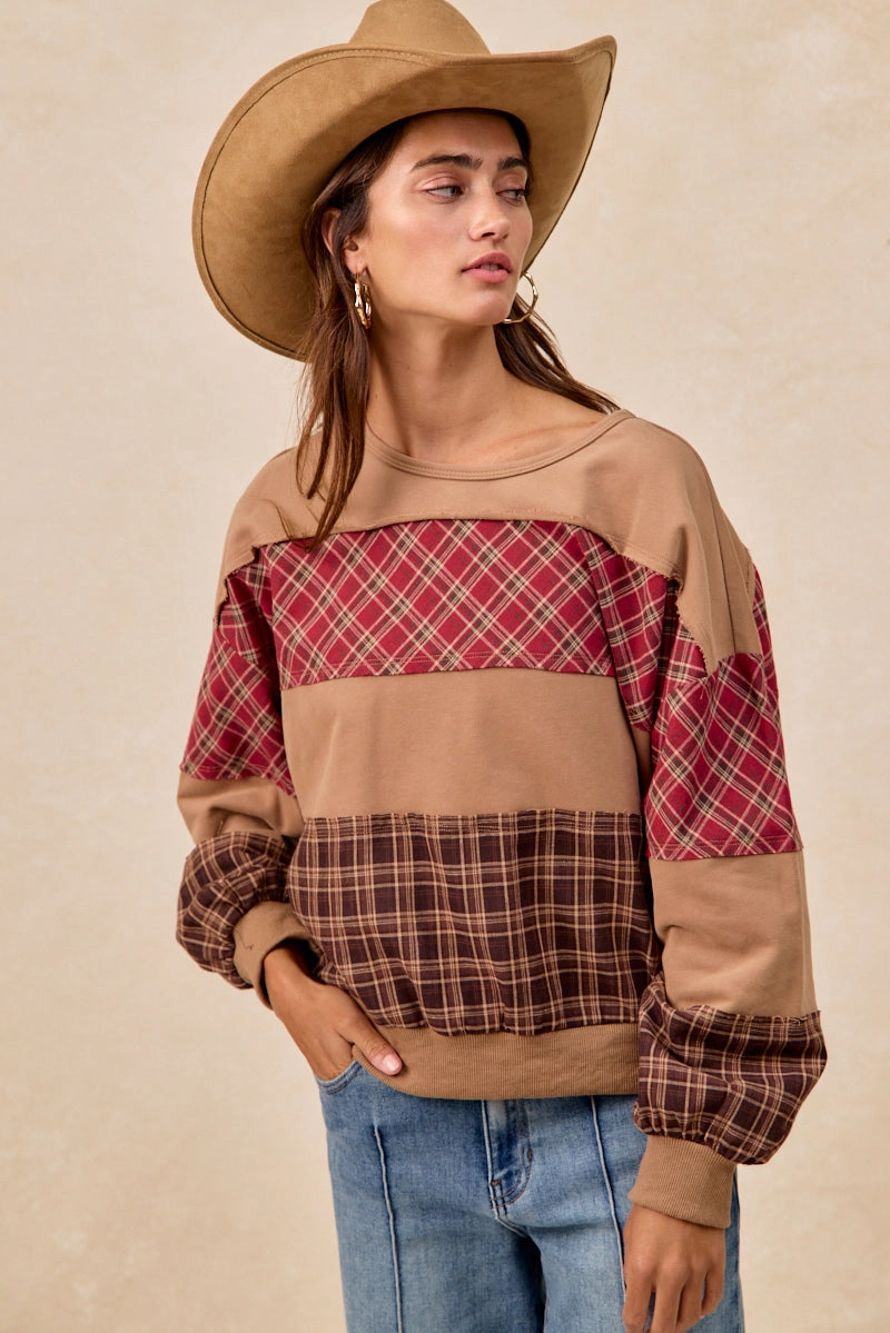 IT4668S-02 | PLAID AND TERRY MIX AND MATCH PULL OVER TOP Soft Support Embroidered Detail