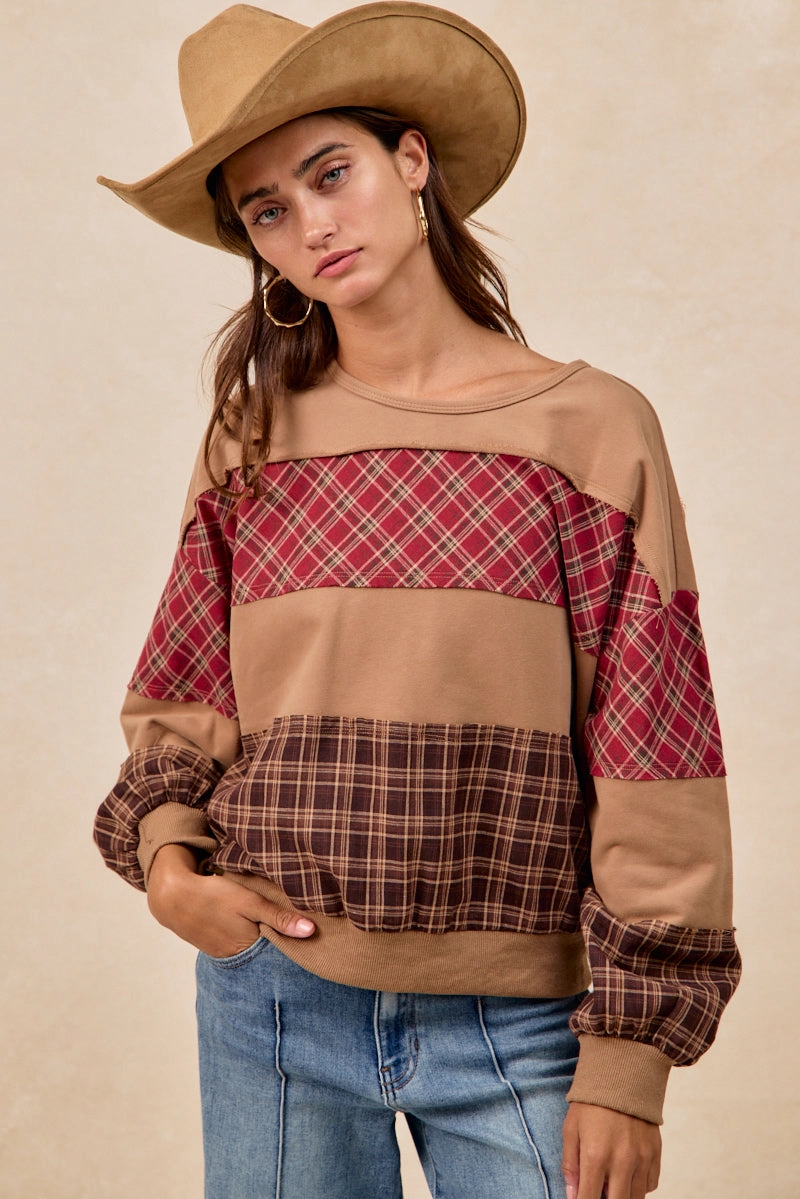 Light Fabric IT4668S-02 | PLAID AND TERRY MIX AND MATCH PULL OVER TOP