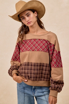 Light Fabric IT4668S-02 | PLAID AND TERRY MIX AND MATCH PULL OVER TOP