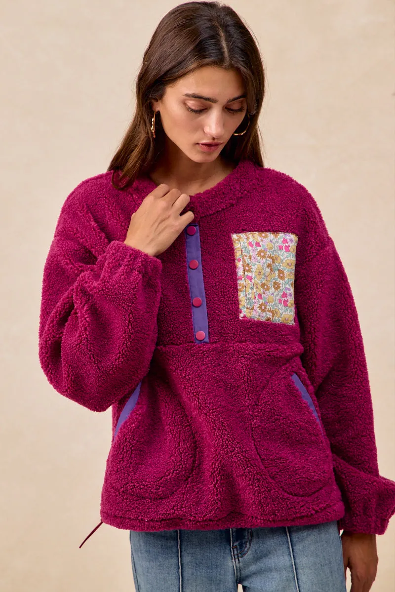 Luxury Appeal IT4749S-01 | SHERPA FLEECE HALF BUTTONED TOP WITH SIDE POCKETS