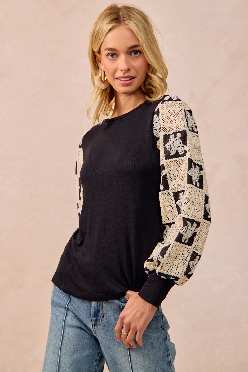 Lightweight Design IP6193S-06 | FLOWER CROCHET BALLOON SLEEVES TOP