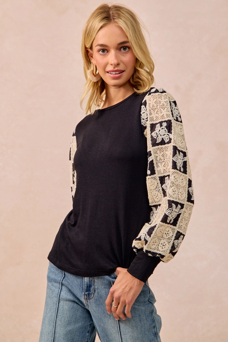 Formal Use Compact Layer IP6193S-06 | FLOWER CROCHET BALLOON SLEEVES TOP