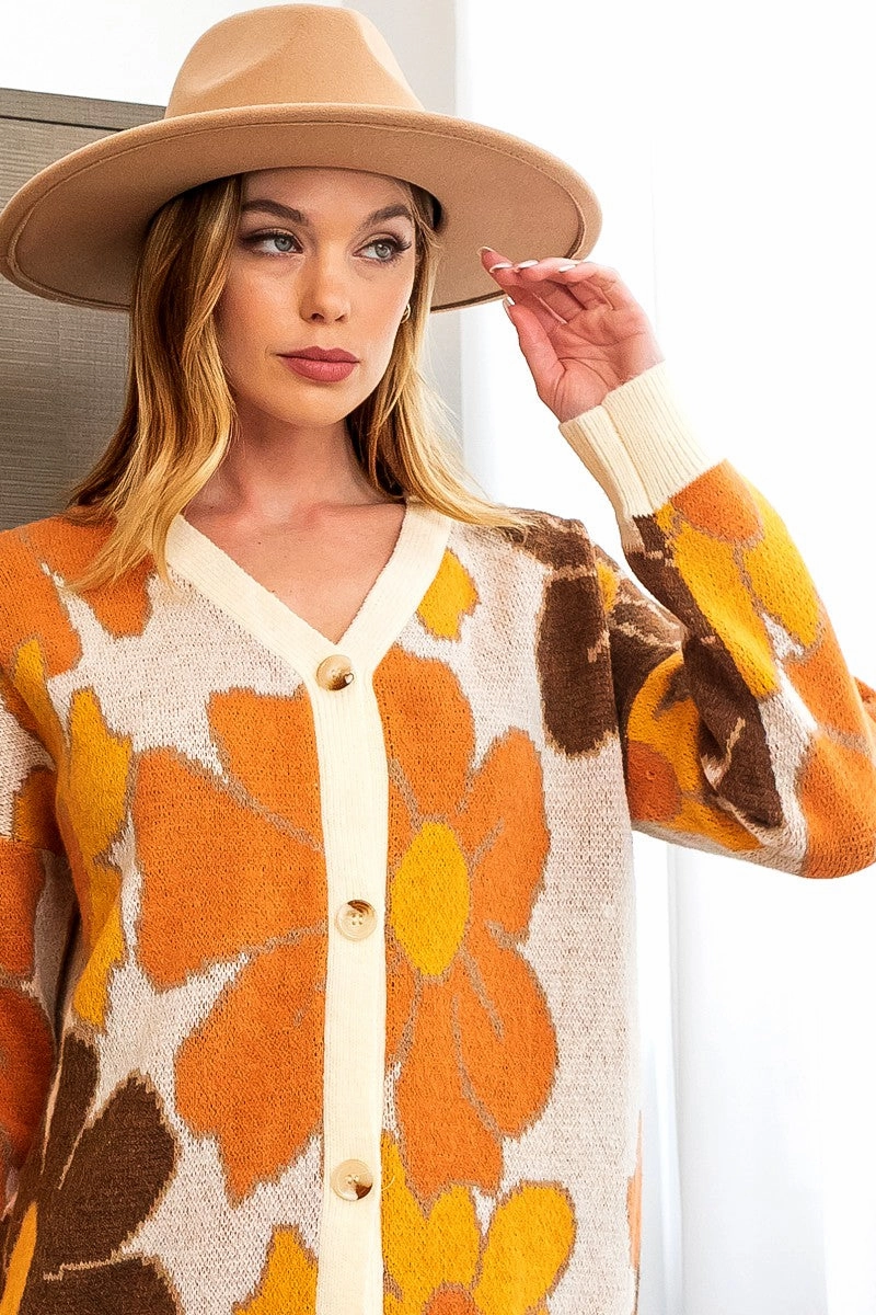 IP8447J-02 | FLOWER PATTERN V-NECK SWEATER CARDIGAN Urban Casual Simple Look