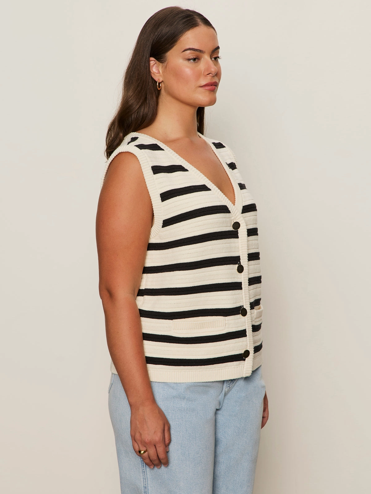 Feminine Knit Textured Sweater Vest Macrame/ Black Stripe 3 Extended Sizing