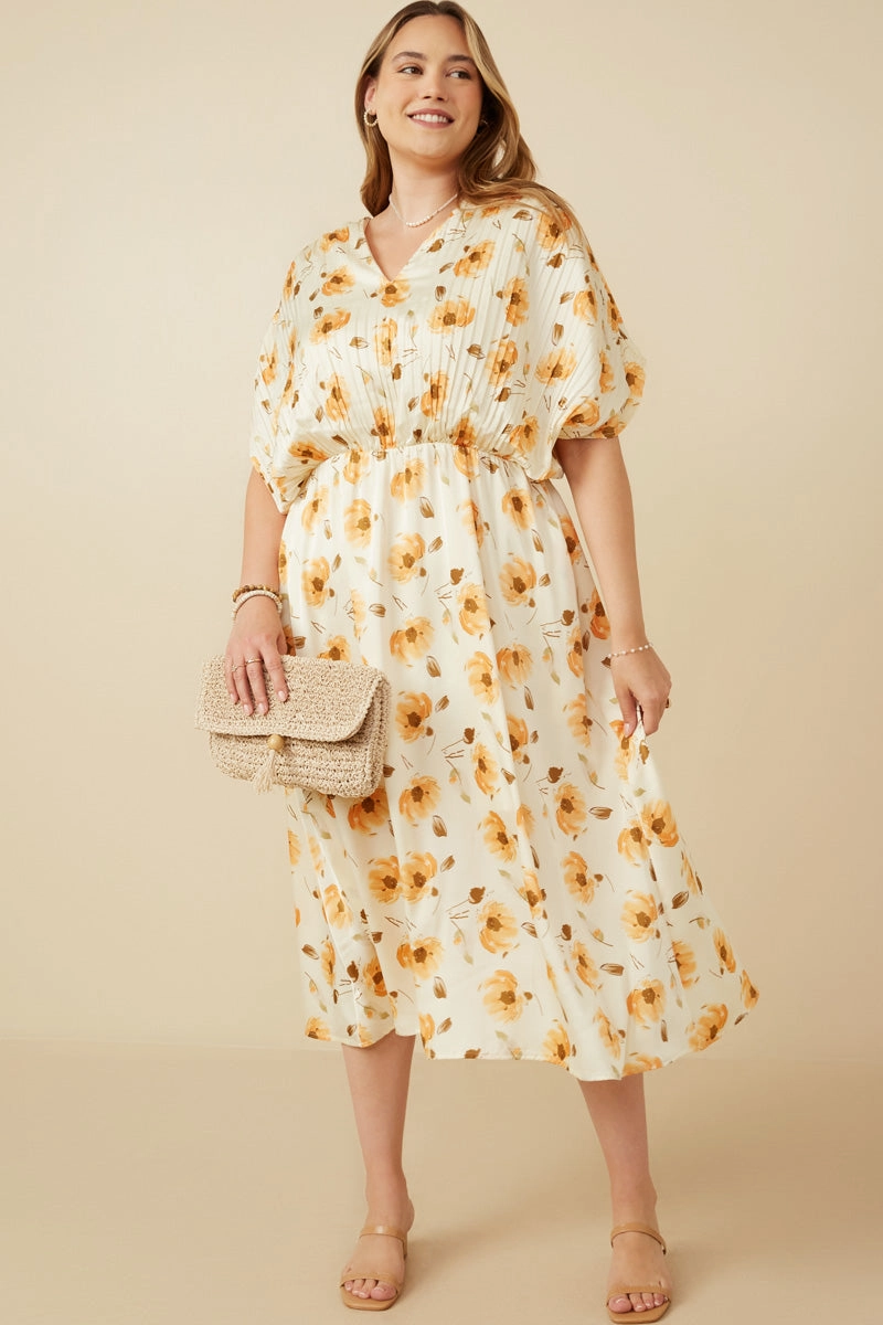Satin Floral Pleated Dolman Sleeve Dress Evening Ready Rooftop-Event
