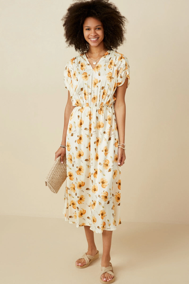 Satin Floral Pleated Dolman Sleeve Dress Cozy Look Work Pairing