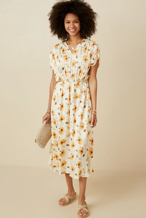 Signature-Style Satin Floral Pleated Dolman Sleeve Dress