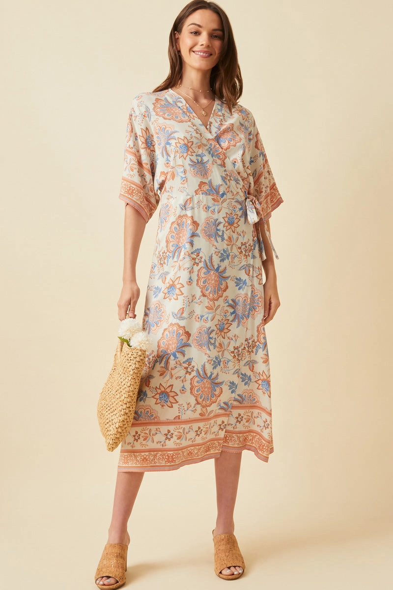 Border Print Side Tie Wrap Dress solo wear