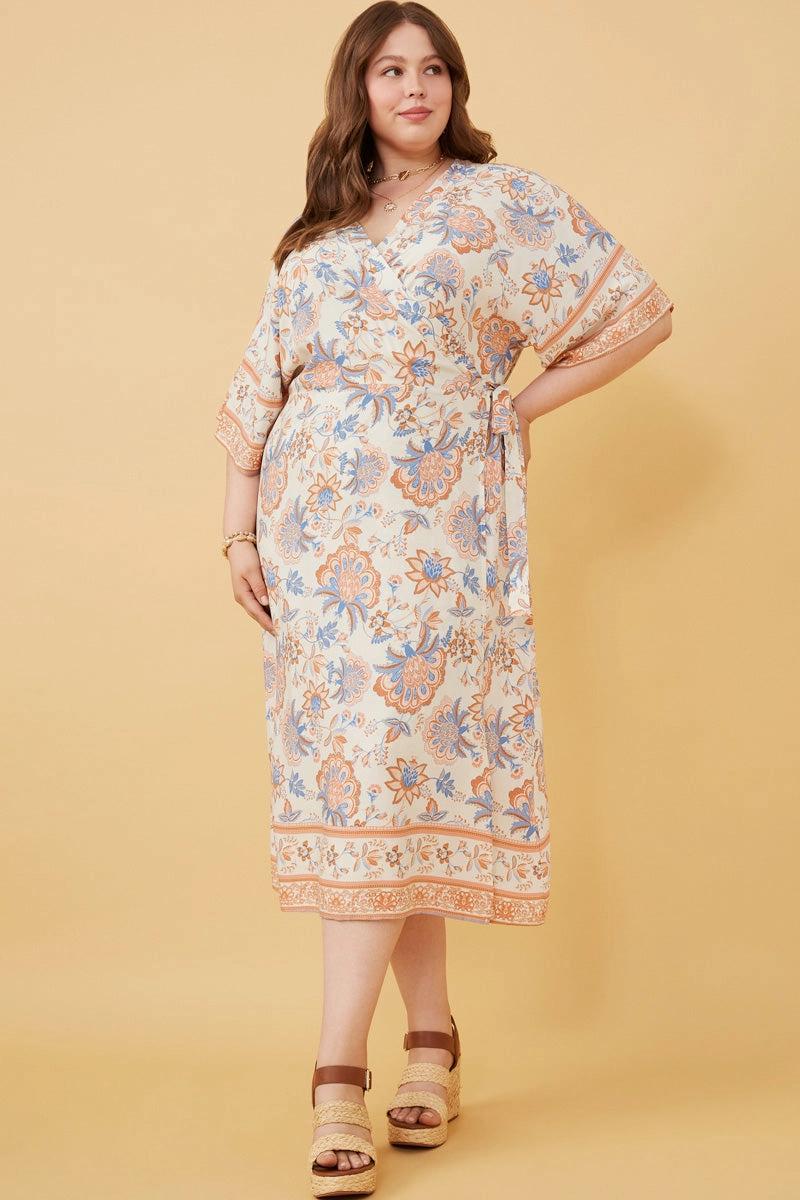 single wear Balloon-Sleeve Border Print Side Tie Wrap Dress
