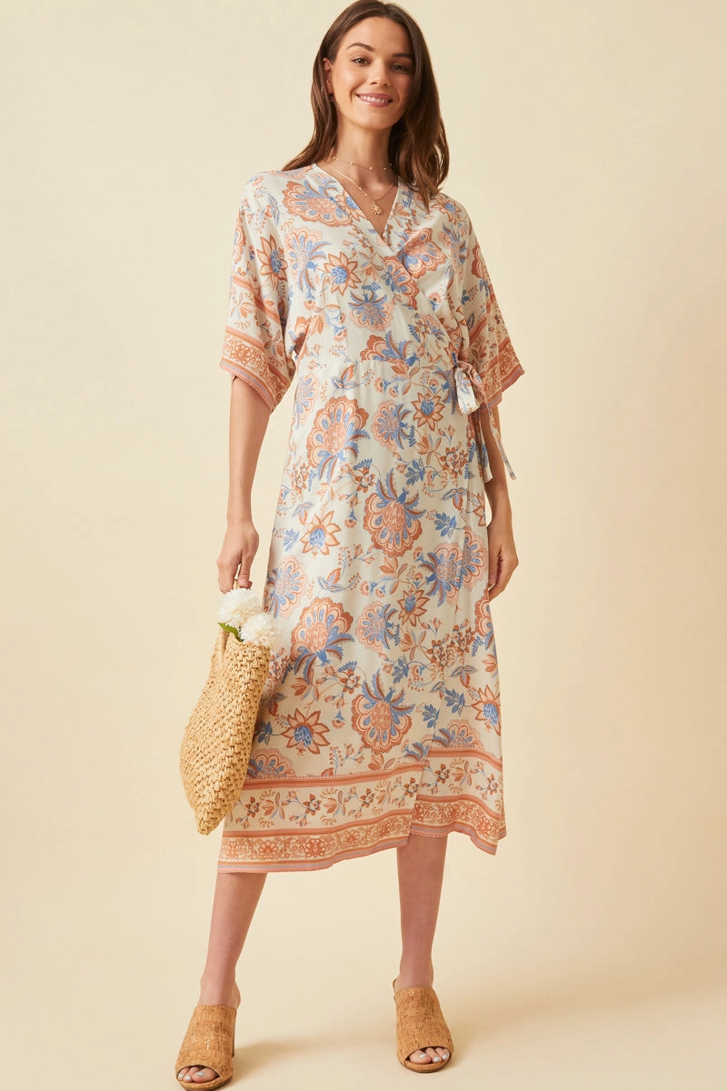 Border Print Side Tie Wrap Dress Texture Flow