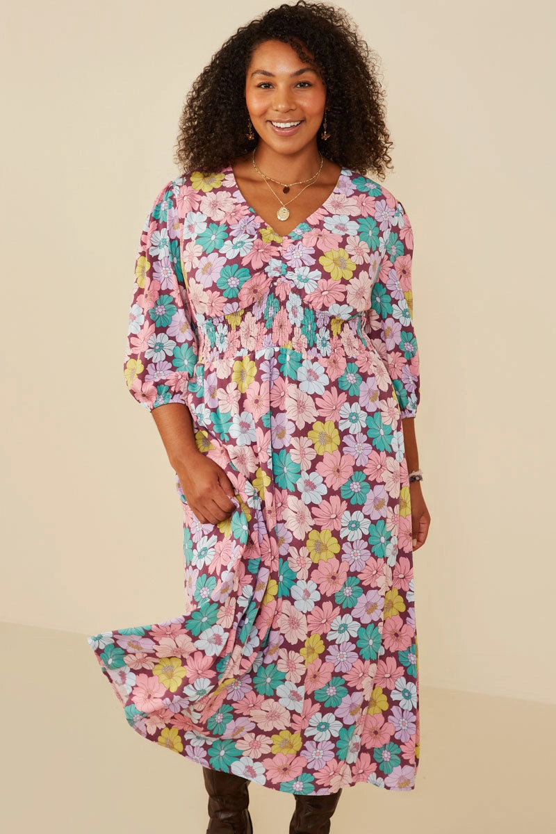 Floral Elastic And Smock Detail Dress velvet feel