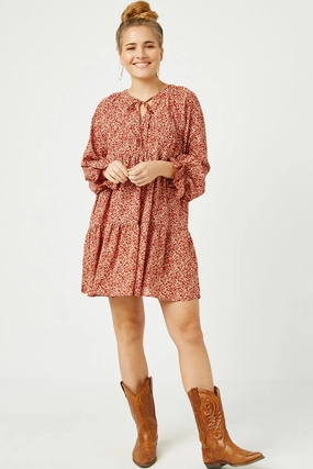 Fresh Style Ditsy Floral Tie Neck Long Sleeve Dress