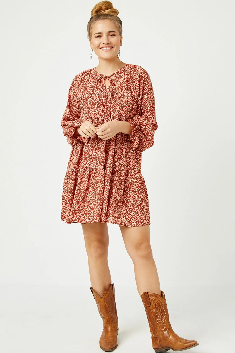 Fresh Style Ditsy Floral Tie Neck Long Sleeve Dress